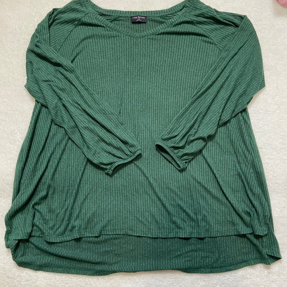 Lane Bryant Womens 26/28 Green Ribbed Knit V-Neck Long Sleeve High Low Top